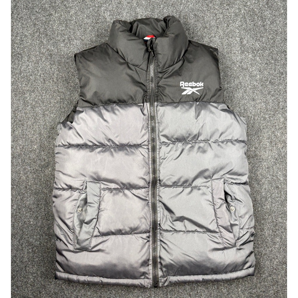 Reebok Boys Puffer Vest Black Grey Colorblock Quilted Zip Up Jacket Size M 10/12